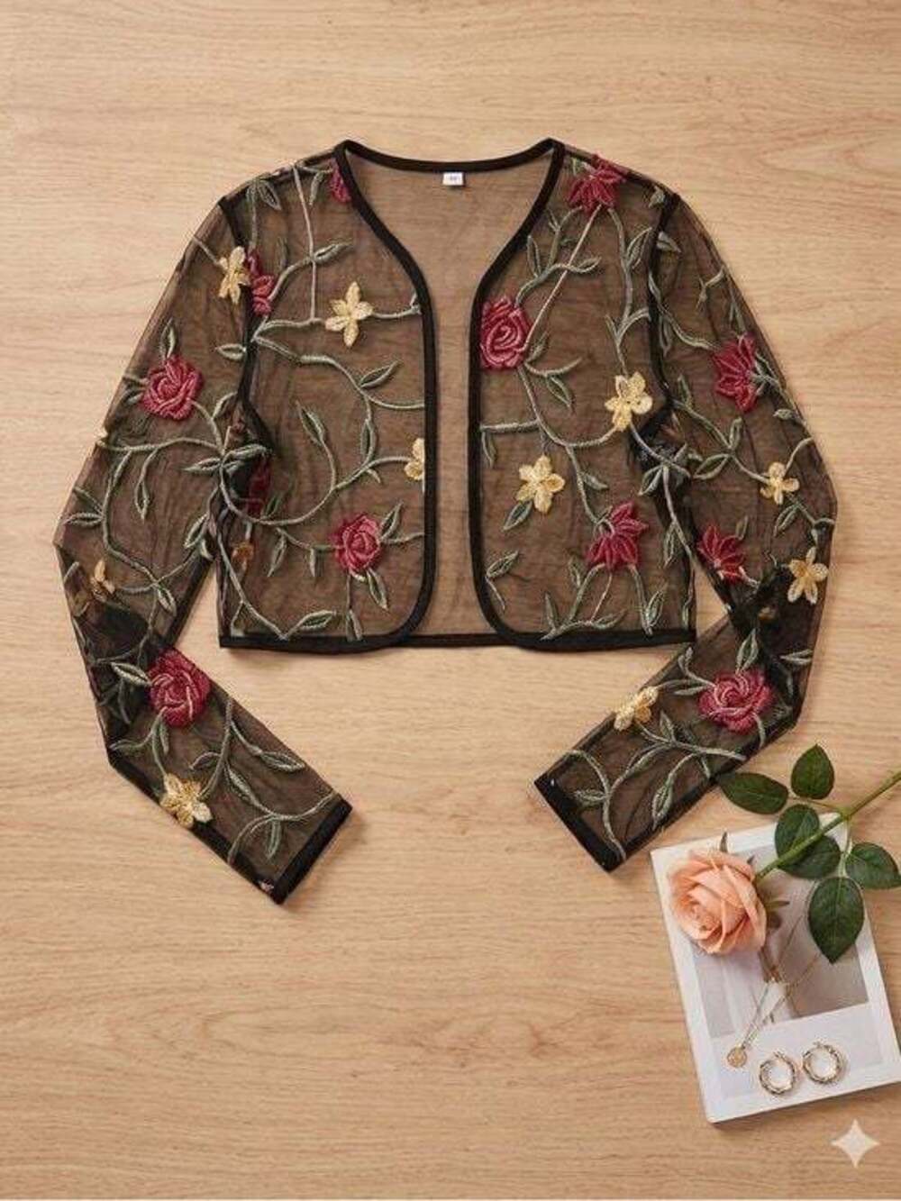 Embroidered Sheer Floral Cropped Cardigan - Black with Red & Gold Flowers Small